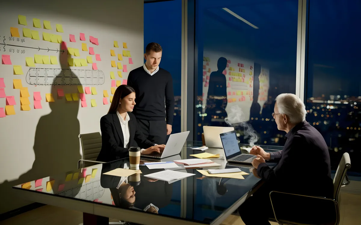 Equipa discutindo metas em ambiente de colaboração