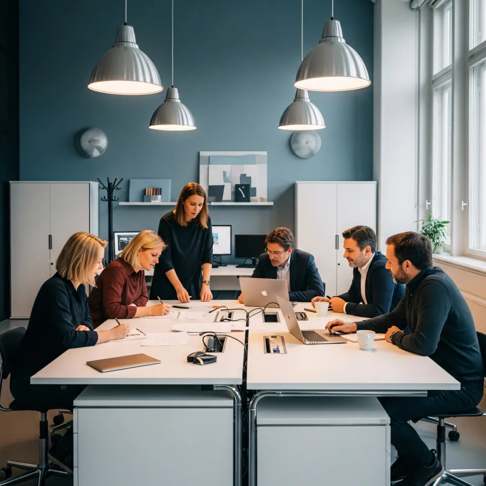 Equipa em reunião discutindo etapas do projeto